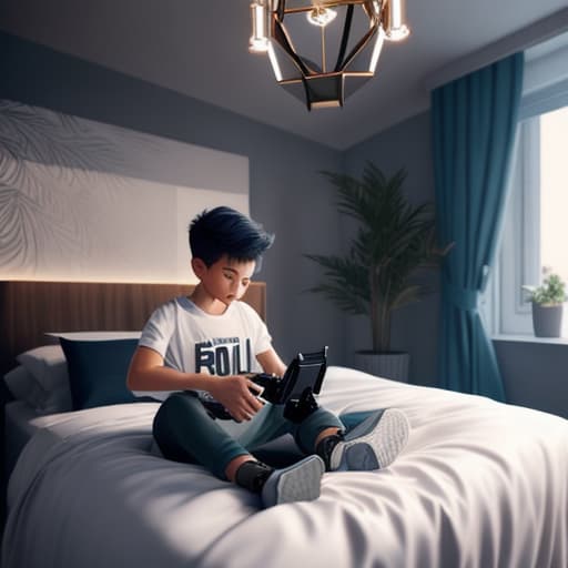  a boy playing ps5 in his room hyperrealistic, full body, detailed clothing, highly detailed, cinematic lighting, stunningly beautiful, intricate, sharp focus, f/1. 8, 85mm, (centered image composition), (professionally color graded), ((bright soft diffused light)), volumetric fog, trending on instagram, trending on tumblr, HDR 4K, 8K