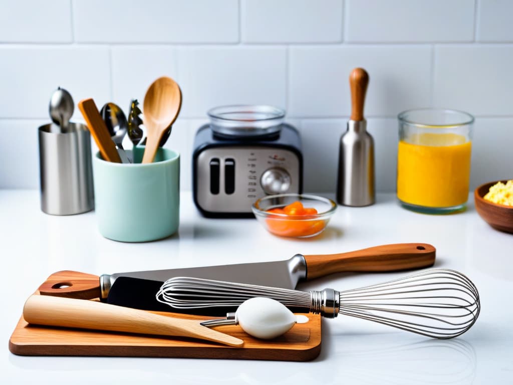  An ultradetailed image of a sleek, modern kitchen countertop adorned with essential tools for healthy baking: a set of stainless steel measuring spoons, a wire whisk with a wooden handle, a silicone spatula, a glass measuring cup, and a stack of ceramic ramekins. The utensils are arranged neatly, catching the light to showcase their clean lines and functionality, embodying the essence of a wellequipped kitchen for creating delicious and wholesome desserts like the perfect healthy flan. hyperrealistic, full body, detailed clothing, highly detailed, cinematic lighting, stunningly beautiful, intricate, sharp focus, f/1. 8, 85mm, (centered image composition), (professionally color graded), ((bright soft diffused light)), volumetric fog, trending on instagram, trending on tumblr, HDR 4K, 8K