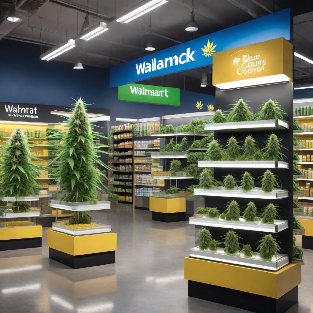  A creative depiction of a 'Walmart of Cannabis' concept. Imagine a large, modern retail store designed like a Walmart but with aisles filled with various cannabis products. Shelves are stocked with different strains of marijuana, edibles, oils, and accessories. The store has bright, inviting lighting, organized sections for different products, and checkout counters with friendly staff. The exterior of the building features the iconic blue and yellow Walmart colors but with cannabis-themed branding and imagery. The overall atmosphere is clean, professional, and welcoming. hyperrealistic, full body, detailed clothing, highly detailed, cinematic lighting, stunningly beautiful, intricate, sharp focus, f/1. 8, 85mm, (centered image composition), (professionally color graded), ((bright soft diffused light)), volumetric fog, trending on instagram, trending on tumblr, HDR 4K, 8K