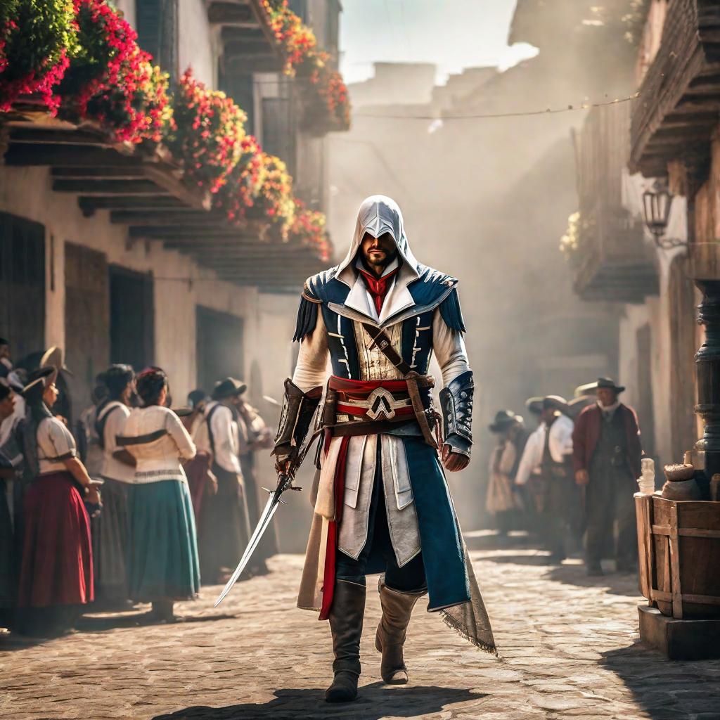  Assasins creed in México hyperrealistic, full body, detailed clothing, highly detailed, cinematic lighting, stunningly beautiful, intricate, sharp focus, f/1. 8, 85mm, (centered image composition), (professionally color graded), ((bright soft diffused light)), volumetric fog, trending on instagram, trending on tumblr, HDR 4K, 8K