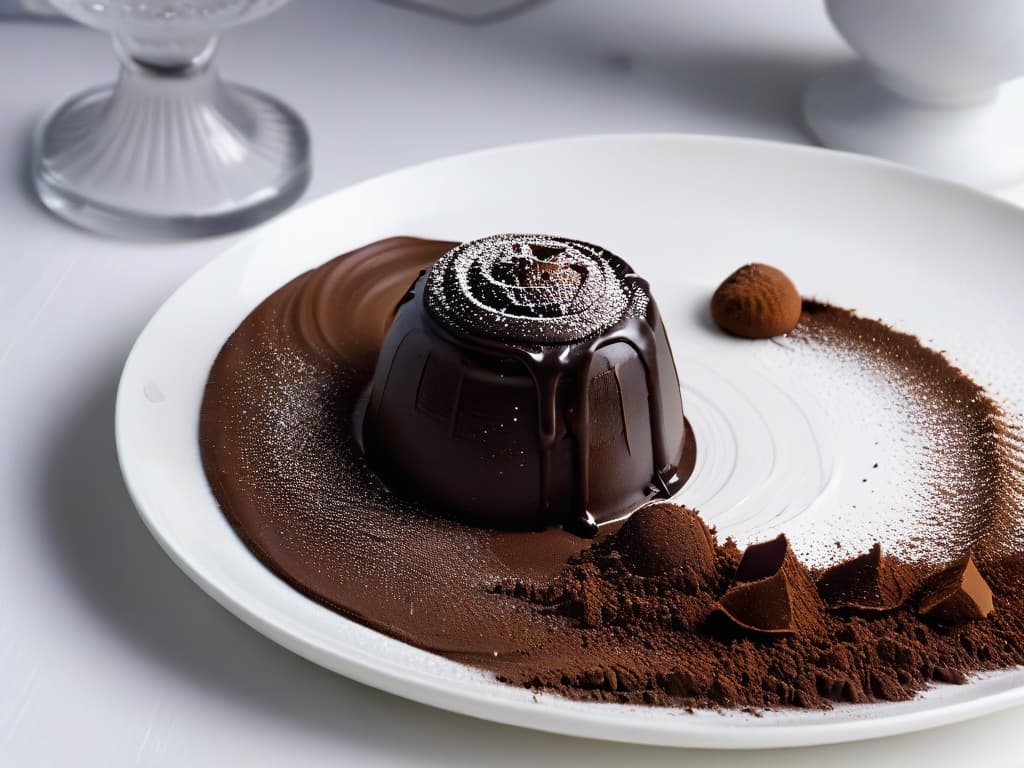  An ultradetailed image of a dark chocolate truffle slowly melting on a white porcelain plate, with a dusting of cocoa powder on top creating a mesmerizing swirl pattern. The texture of the truffle is rich and glossy, showcasing intricate ripples and the fine details of the cocoa dust. The contrast between the dark chocolate and the pristine white background enhances the elegant and luxurious feel of the image, making it a visually striking addition to the article on chocolate brands for baking. hyperrealistic, full body, detailed clothing, highly detailed, cinematic lighting, stunningly beautiful, intricate, sharp focus, f/1. 8, 85mm, (centered image composition), (professionally color graded), ((bright soft diffused light)), volumetric fog, trending on instagram, trending on tumblr, HDR 4K, 8K