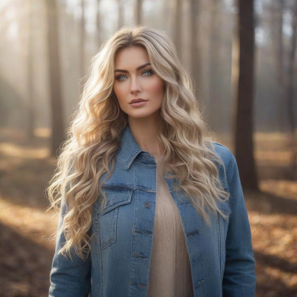  Portrait of a with light beautiful long curly hair, silver blue eyes, daytime makeup, soft scattered light, against a natural background. hyperrealistic, full body, detailed clothing, highly detailed, cinematic lighting, stunningly beautiful, intricate, sharp focus, f/1. 8, 85mm, (centered image composition), (professionally color graded), ((bright soft diffused light)), volumetric fog, trending on instagram, trending on tumblr, HDR 4K, 8K