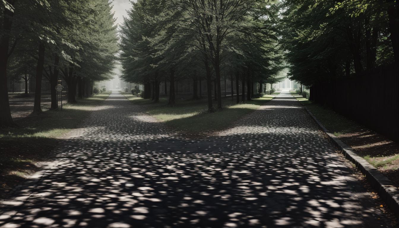  cinematic, aesthetic, A lone traveler pausing mid step on a cobblestone path, crossroads with multiple diverging paths, paths lined with trees and shadows, contemplative, pensive, 4k, HDR, lens flare