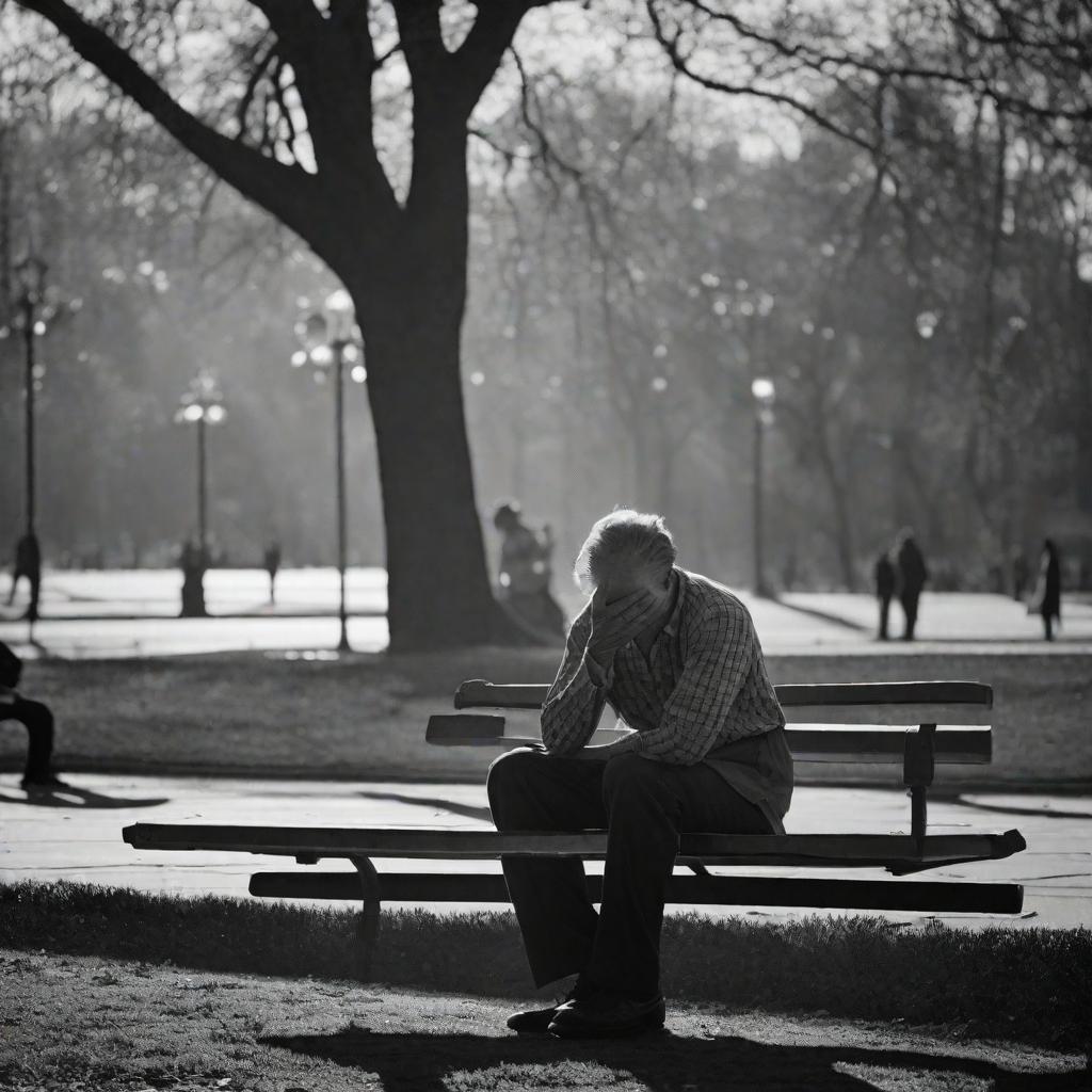  masterpiece, best quality, In a desolate park, a man sits on a bench with his head in his hands, his body slumped in defeat. The once vibrant surroundings mirror his shattered emotions. The setting sun casts long shadows, emphasizing the loneliness and despair that envelopes him. The photograph captures the heart-wrenching moment of realization as he discovers he has been cheated on. The style is a vintage film style, creating a timeless quality to the image. The realization is achieved using Ilford Delta 3200, adding grain and depth to convey the weight of his emotions.