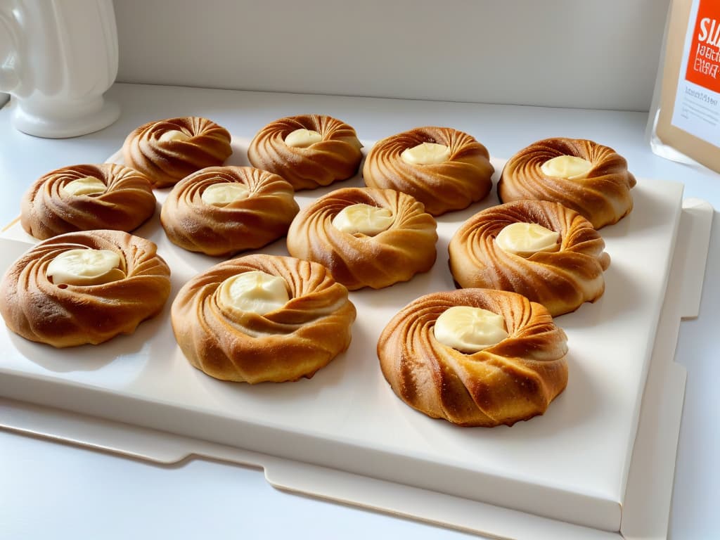  A photorealistic image showcasing a pristine, modern kitchen with a sleek marble countertop. On the countertop, there is an array of perfectly baked goods, including goldenbrown cookies, flaky croissants, and a moist cake, all placed on both a Silpat and a sheet of parchment paper. The attention to detail captures the textures of the baked goods, highlighting the crisp edges of the cookies on the Silpat and the slightly crisper base of the croissant on the parchment paper. The image exudes a sense of professionalism and culinary expertise, inviting the viewer to contemplate the choice between Silpats and parchment paper for their baking endeavors. hyperrealistic, full body, detailed clothing, highly detailed, cinematic lighting, stunningly beautiful, intricate, sharp focus, f/1. 8, 85mm, (centered image composition), (professionally color graded), ((bright soft diffused light)), volumetric fog, trending on instagram, trending on tumblr, HDR 4K, 8K