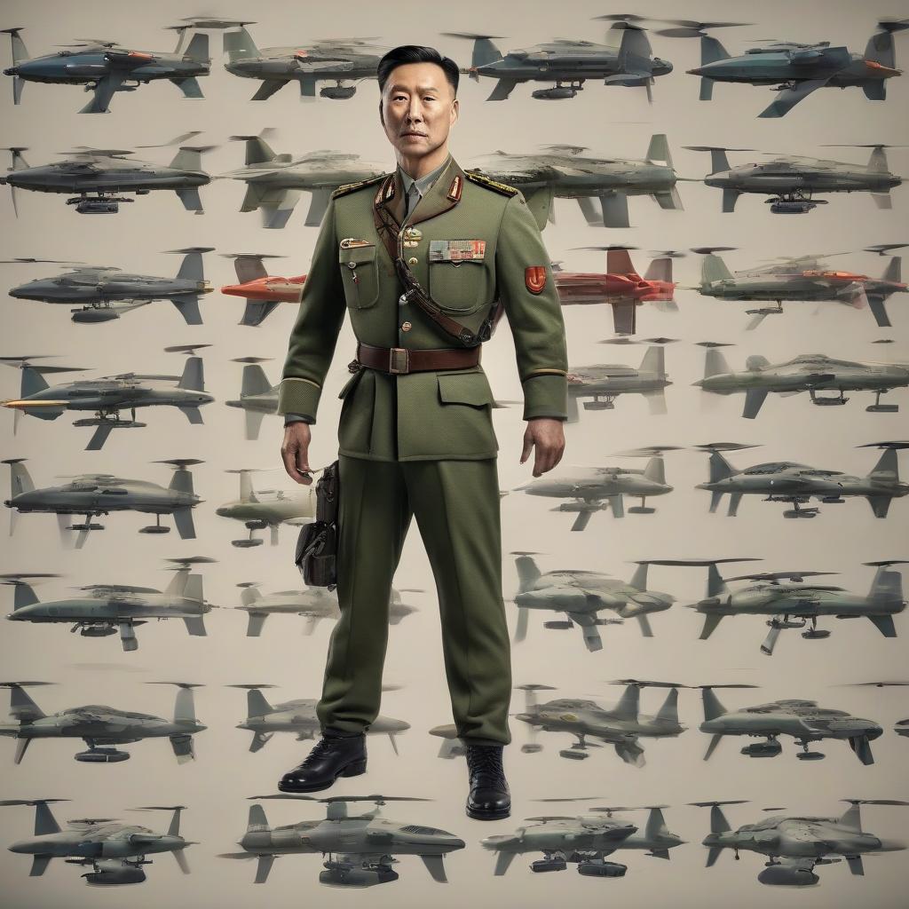  Chinese man in military uniform, drone. hyperrealistic, full body, detailed clothing, highly detailed, cinematic lighting, stunningly beautiful, intricate, sharp focus, f/1. 8, 85mm, (centered image composition), (professionally color graded), ((bright soft diffused light)), volumetric fog, trending on instagram, trending on tumblr, HDR 4K, 8K