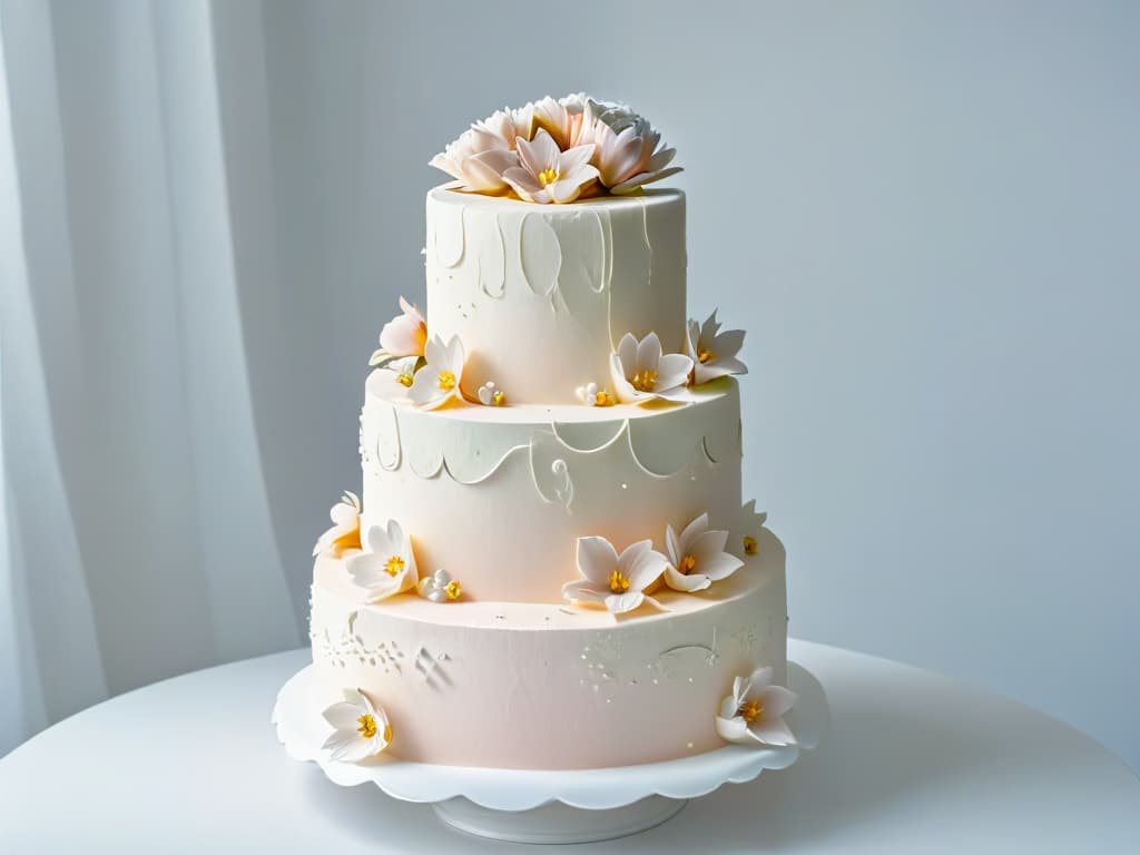  An intricate threetiered wedding cake adorned with delicate sugar flowers in shades of blush pink and ivory, set against a clean white background. The impeccable details of the sugar blossoms, intricate piping work, and subtle shimmer dusting create a visually stunning centerpiece that exudes elegance and sophistication, perfect for special events and celebrations. hyperrealistic, full body, detailed clothing, highly detailed, cinematic lighting, stunningly beautiful, intricate, sharp focus, f/1. 8, 85mm, (centered image composition), (professionally color graded), ((bright soft diffused light)), volumetric fog, trending on instagram, trending on tumblr, HDR 4K, 8K