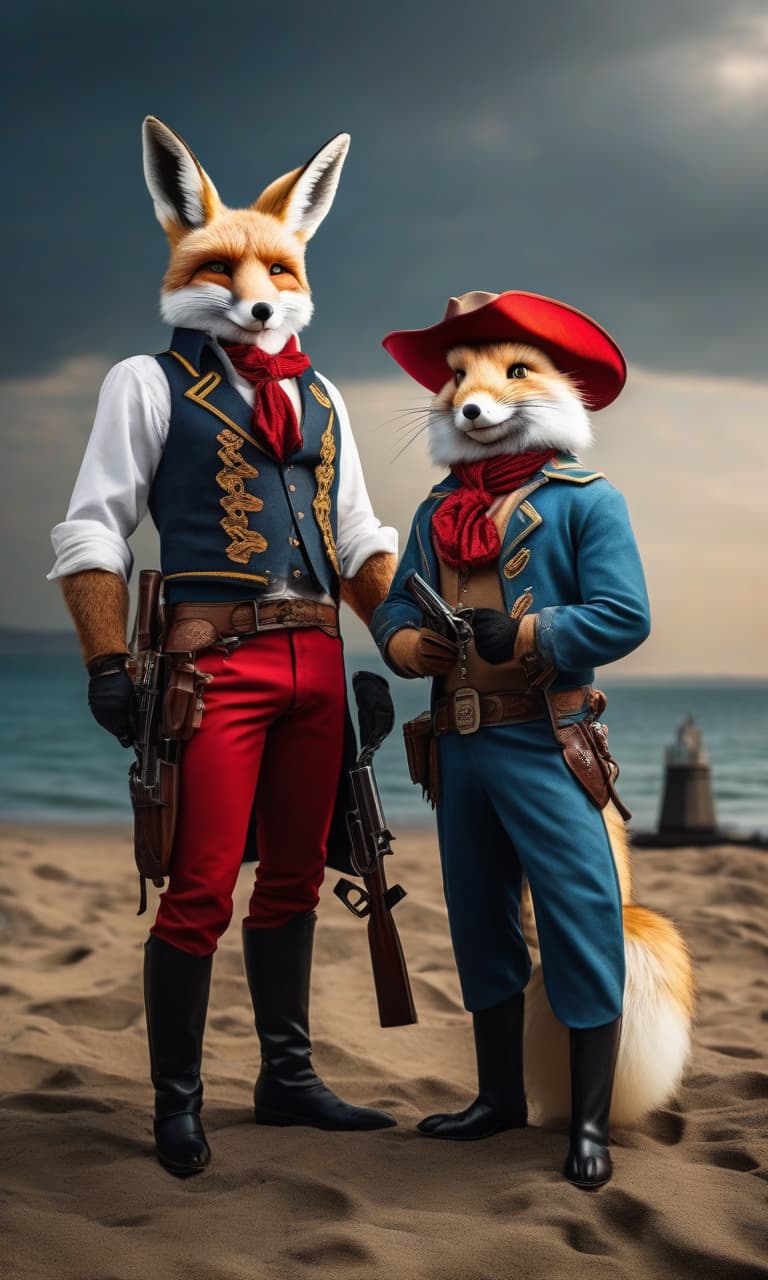  nautical themed Western, An anthropomorphic red fox and white rabbit wearing cowboy clothes and hats, are standing facing each other with revolvers. . sea, ocean, ships, maritime, beach, marine life, highly detailed hyperrealistic, full body, detailed clothing, highly detailed, cinematic lighting, stunningly beautiful, intricate, sharp focus, f/1. 8, 85mm, (centered image composition), (professionally color graded), ((bright soft diffused light)), volumetric fog, trending on instagram, trending on tumblr, HDR 4K, 8K