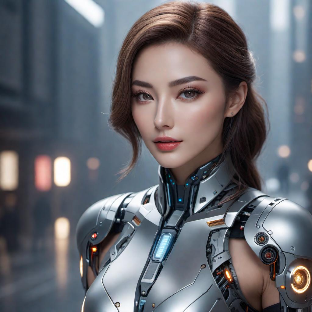  Create an image of an AI girl based on the previously given image. The image should capture similar aesthetic, style, and details as in the reference. The AI girl should appear friendly and approachable, with characteristics that make her clearly identifiable as artificial intelligence, such as futuristic design elements or digital motifs. hyperrealistic, full body, detailed clothing, highly detailed, cinematic lighting, stunningly beautiful, intricate, sharp focus, f/1. 8, 85mm, (centered image composition), (professionally color graded), ((bright soft diffused light)), volumetric fog, trending on instagram, trending on tumblr, HDR 4K, 8K