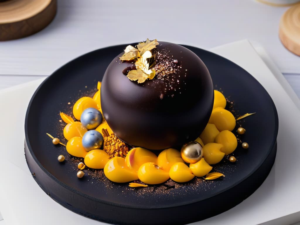  A closeup image of a delicate chocolate sphere dessert being gently cracked open with a small hammer, revealing a hidden colorful gel center surrounded by edible gold leaf flakes. The sphere sits elegantly on a sleek black plate, set against a stark white background to emphasize its exquisite details and luxurious presentation. hyperrealistic, full body, detailed clothing, highly detailed, cinematic lighting, stunningly beautiful, intricate, sharp focus, f/1. 8, 85mm, (centered image composition), (professionally color graded), ((bright soft diffused light)), volumetric fog, trending on instagram, trending on tumblr, HDR 4K, 8K