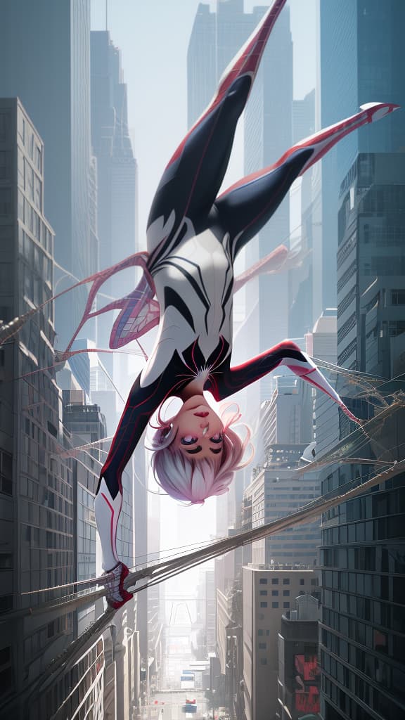  a woman in a spider - man suit flying through the air, spider - gwen, spider-gwen, spider gwen, spider - verse art style, gwen stacy, into the spider verse, into the spiderverse, official render, webs, spiderverse, promotional render, hev suit, render of april, full - body artwork, webbing, new costume concept design hyperrealistic, full body, detailed clothing, highly detailed, cinematic lighting, stunningly beautiful, intricate, sharp focus, f/1. 8, 85mm, (centered image composition), (professionally color graded), ((bright soft diffused light)), volumetric fog, trending on instagram, trending on tumblr, HDR 4K, 8K