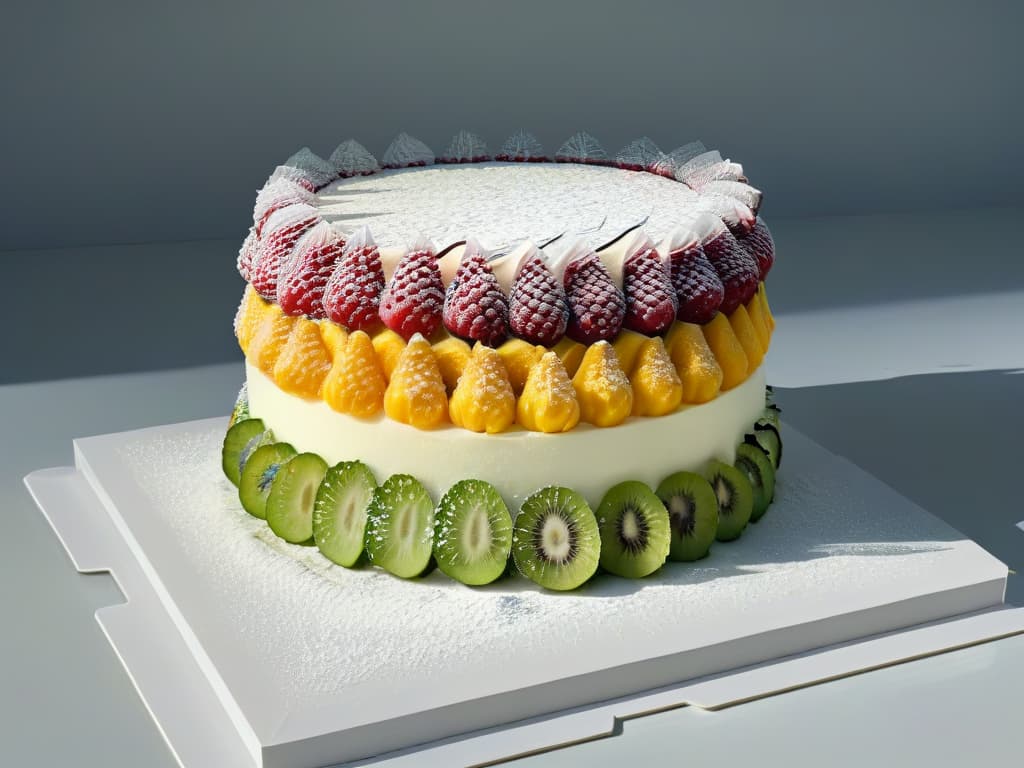  A visually striking and ultradetailed image of a transparent molecular structure made entirely of vibrant and colorful fruits and vegetables, intricately arranged to resemble a complex and beautiful dessert, showcasing the fusion of molecular gastronomy and vegan ingredients. Each tiny component of the structure is meticulously detailed, highlighting the precision and innovation behind molecular vegan pastry. hyperrealistic, full body, detailed clothing, highly detailed, cinematic lighting, stunningly beautiful, intricate, sharp focus, f/1. 8, 85mm, (centered image composition), (professionally color graded), ((bright soft diffused light)), volumetric fog, trending on instagram, trending on tumblr, HDR 4K, 8K