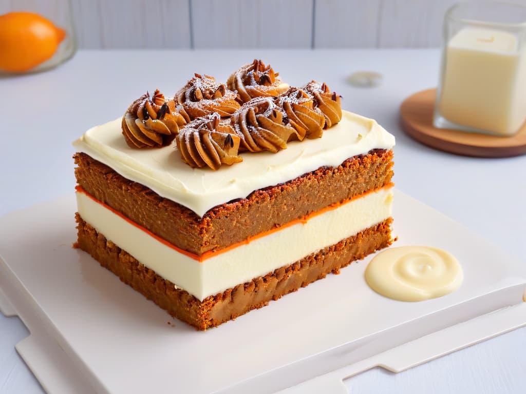  A closeup, ultradetailed image of a perfectly baked carrot cake, topped with a smooth layer of cream cheese frosting, garnished with finely chopped walnuts and a sprinkle of cinnamon, displayed on a sleek, minimalistic white plate set against a clean, modern backdrop. The vibrant orange hue of the carrot cake contrasts beautifully with the white plate, emphasizing the moist texture of the cake and the creamy frosting, creating an enticing visual representation of the delicious dessert. hyperrealistic, full body, detailed clothing, highly detailed, cinematic lighting, stunningly beautiful, intricate, sharp focus, f/1. 8, 85mm, (centered image composition), (professionally color graded), ((bright soft diffused light)), volumetric fog, trending on instagram, trending on tumblr, HDR 4K, 8K