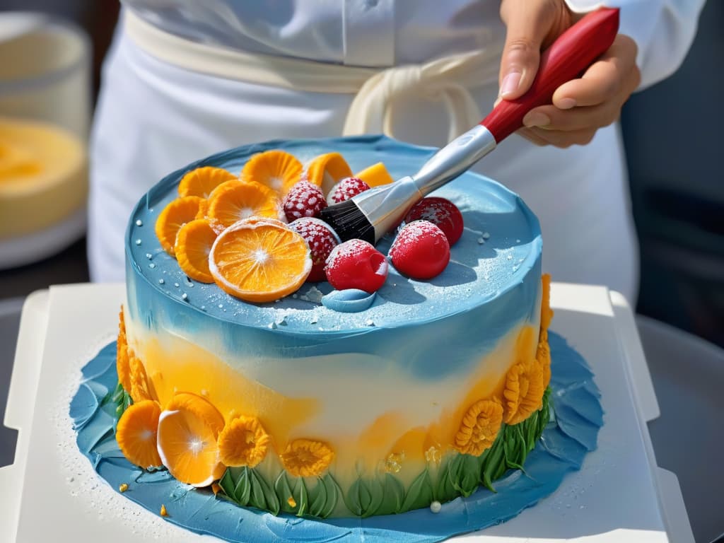  An ultradetailed closeup image of a pastry chef delicately painting intricate details on a cake with edible paint, showcasing precision and skill in applying edible art on a fondant surface. The image captures the focused expression on the chef's face, the vibrant colors of the edible paint, and the fine brush strokes creating a visually stunning and appetizing masterpiece. hyperrealistic, full body, detailed clothing, highly detailed, cinematic lighting, stunningly beautiful, intricate, sharp focus, f/1. 8, 85mm, (centered image composition), (professionally color graded), ((bright soft diffused light)), volumetric fog, trending on instagram, trending on tumblr, HDR 4K, 8K