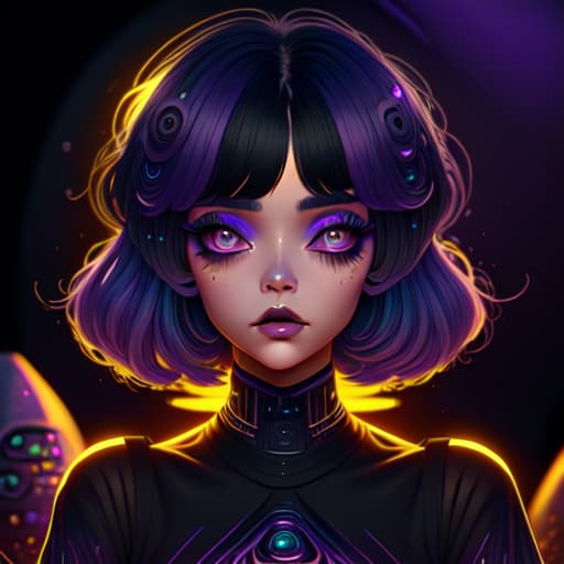 in OliDisco style  huge bobs. black and purple. gradient hair style. cute . long eyelashes. background dark. rich details. 32k.