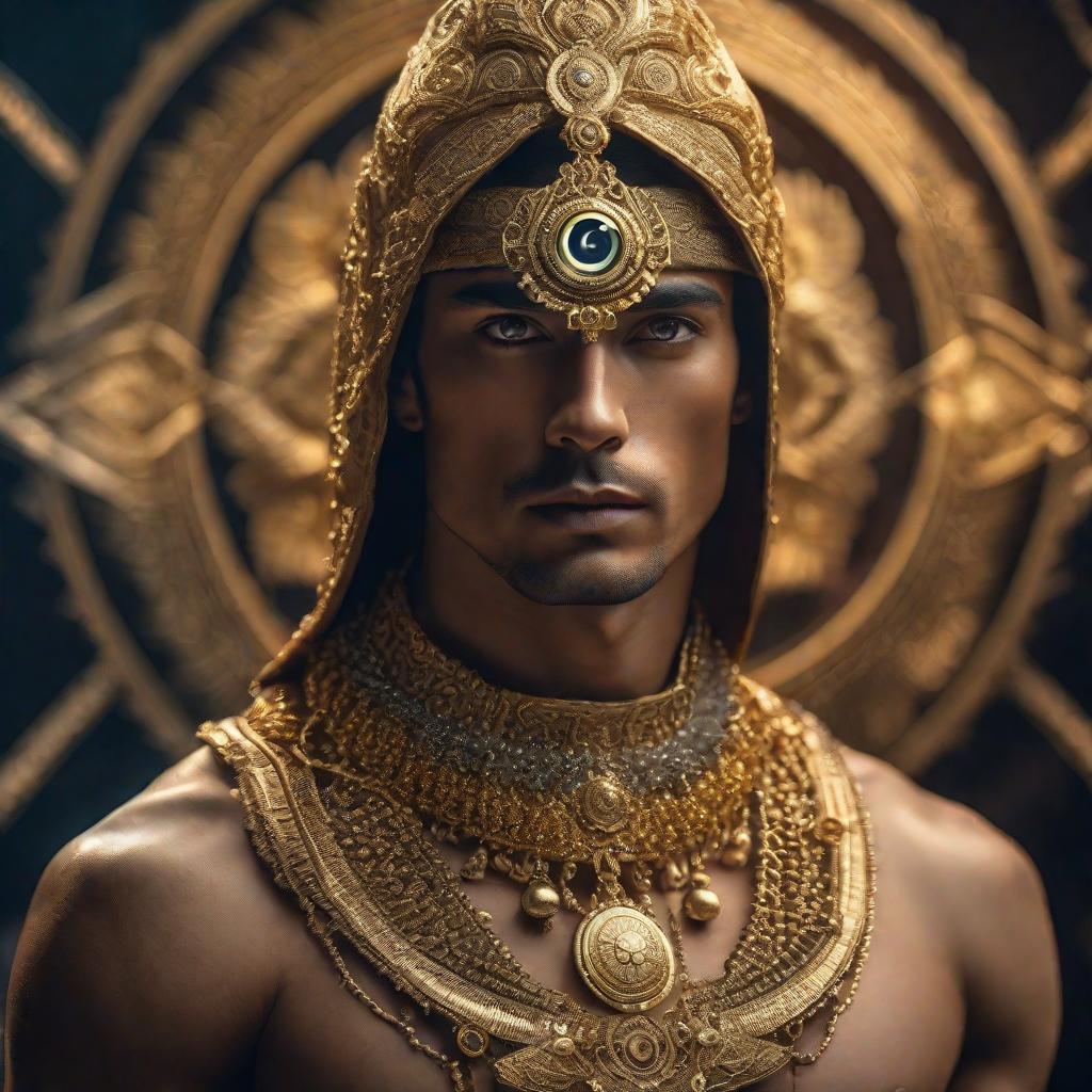  boy with gold third eye jewel hyperrealistic, full body, detailed clothing, highly detailed, cinematic lighting, stunningly beautiful, intricate, sharp focus, f/1. 8, 85mm, (centered image composition), (professionally color graded), ((bright soft diffused light)), volumetric fog, trending on instagram, trending on tumblr, HDR 4K, 8K