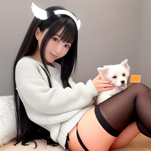  Japanese woman who is an angel. She is wearing a sweater and a miniskirt. She wears black stockings to the waist. She has brown eyes and very kind eyes. Long black hair. White angel wings. An angel's golden ring floating above her head. Wears a wedding ring. Cute. Dog face. Girl. Cute.