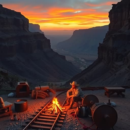  create a western inspired photograph shot in 50mm from a first person view sitting around a campfire. also inspired by roger deakins cinematogrphy work. this photograph has to emphasize tension and each section is motivating each other to tell a story. in the midground shows a railway going into a man sized mining cavern. the overall scene is set in a desert setting at dawn just before the sunrise. the scene is seperated in three sections, the foreground, middleground, and background. the background shows a deep canyon below with rugged rock formations and a winding river that tapers down into the distance. the midground appears closer to your area at around 100 ft away and comprises part of a canyonside. within this canyonside you see a ra hyperrealistic, full body, detailed clothing, highly detailed, cinematic lighting, stunningly beautiful, intricate, sharp focus, f/1. 8, 85mm, (centered image composition), (professionally color graded), ((bright soft diffused light)), volumetric fog, trending on instagram, trending on tumblr, HDR 4K, 8K