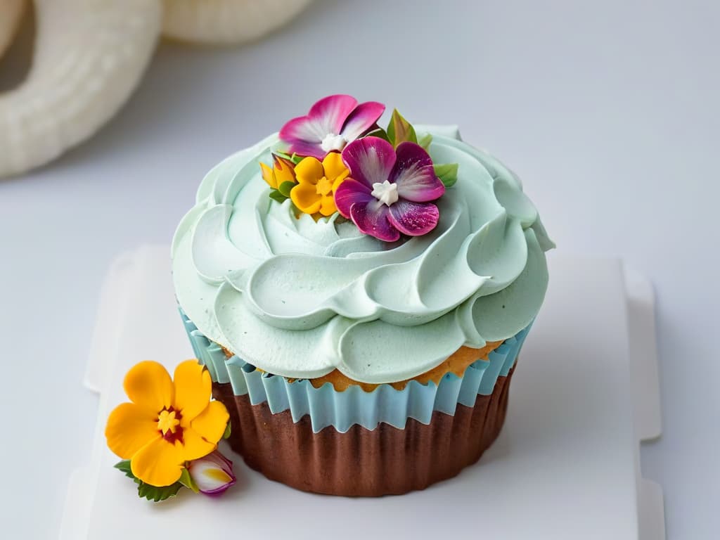  An ultradetailed closeup image of a beautifully decorated cupcake with intricate frosting swirls in pastel colors, topped with delicate edible flowers and shimmering sprinkles, set against a clean, white background to highlight the intricate details of the dessert. hyperrealistic, full body, detailed clothing, highly detailed, cinematic lighting, stunningly beautiful, intricate, sharp focus, f/1. 8, 85mm, (centered image composition), (professionally color graded), ((bright soft diffused light)), volumetric fog, trending on instagram, trending on tumblr, HDR 4K, 8K