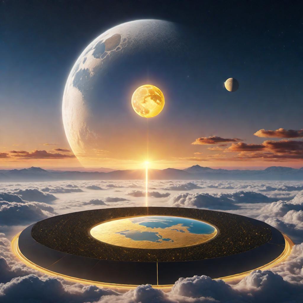  A conceptual illustration of a futuristic technological system designed to replace the sun and moon on a flat Earth model. In the illustration, the flat Earth is represented with a circular plane with detailed landscapes and oceans. There are two primary structures in orbit above the flat plane: one representing an artificial sun and another representing an artificial moon. The artificial sun is a large, spherical structure suspended above the flat Earth, covered in high-intensity, adjustable LED or laser lights, emitting a bright golden light. This structure has mechanisms that control the angle and intensity of light, simulating sunrise and sunset. The artificial moon is similar, with variable lighting to show different phases and surface hyperrealistic, full body, detailed clothing, highly detailed, cinematic lighting, stunningly beautiful, intricate, sharp focus, f/1. 8, 85mm, (centered image composition), (professionally color graded), ((bright soft diffused light)), volumetric fog, trending on instagram, trending on tumblr, HDR 4K, 8K