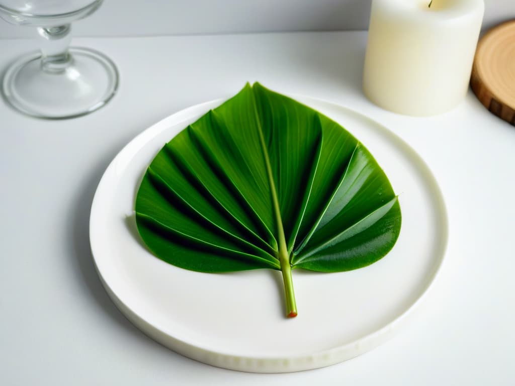  An ultradetailed, highresolution image of a vibrant green pandan leaf delicately placed on a sleek, modern white ceramic plate. The plate is set against a soft, blurred background to highlight the intricate patterns and textures of the pandan leaf, showcasing its natural beauty and exotic allure. The image captures the essence of freshness and elegance, inviting the viewer to explore the unique flavors and aromas of pandan in their culinary creations. hyperrealistic, full body, detailed clothing, highly detailed, cinematic lighting, stunningly beautiful, intricate, sharp focus, f/1. 8, 85mm, (centered image composition), (professionally color graded), ((bright soft diffused light)), volumetric fog, trending on instagram, trending on tumblr, HDR 4K, 8K