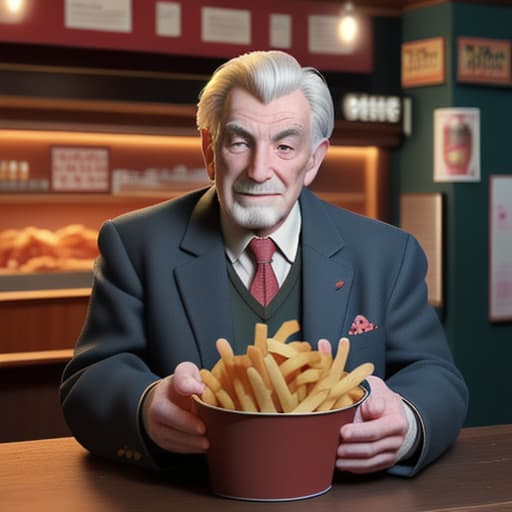  un vieille homme qui tiendra un grand bocal de frites