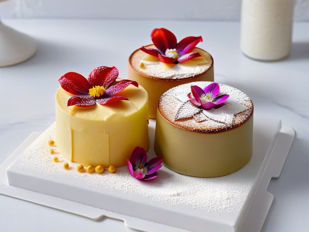  A minimalistic image of two delicately crafted pastries, one adorned with vibrant edible flowers and the other dusted with a sprinkle of powdered sugar, placed on a sleek marble countertop. The pastries are perfectly balanced in composition, showcasing their intricate details and inviting colors in a beautifully simplistic manner. This image conveys elegance and craftsmanship, making it a visually appealing addition to the article on strategic collaborations in social media for pastry chefs. hyperrealistic, full body, detailed clothing, highly detailed, cinematic lighting, stunningly beautiful, intricate, sharp focus, f/1. 8, 85mm, (centered image composition), (professionally color graded), ((bright soft diffused light)), volumetric fog, trending on instagram, trending on tumblr, HDR 4K, 8K