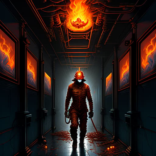  a firefighter in a mask standing in a corridor with fire on both sides and human skeletons piled up along both sides of hallway, dan mumford and alex grey style, wayne barlowe's inferno, peter gric and dan mumford, nychos art aesthetic, beksinski and dan mumford, dan mumford. concept art, dan mumford. maya render, dan seagrave art, by Michael Komarck, apocalyptic art