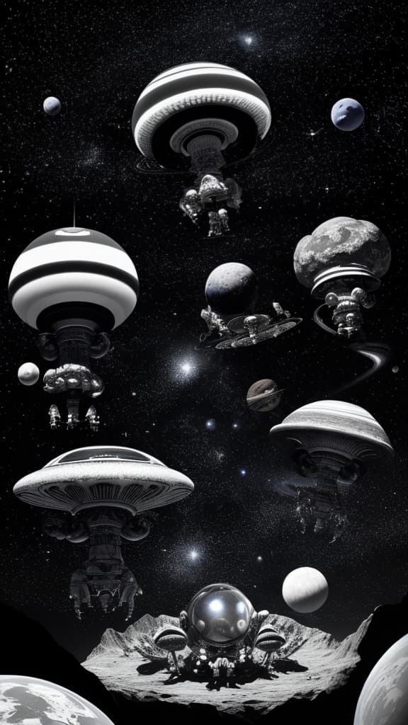  masterpiece, best quality, alien and astronaut with a space, planets, stars, sun trippy mushrooms and UFOs in the background in surrealism black and white style