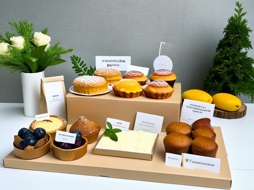  An image of a beautifully arranged display of ecofriendly packaging options for pastries and desserts. The photograph captures a variety of sustainable materials such as cardboard boxes, compostable bags, and biodegradable wrappers, all elegantly presented on a clean, white surface. Each packaging item is labeled with ecoconscious symbols and accompanied by a small, sprig of fresh greenery for a touch of natural aesthetics. The image conveys a sense of sophistication and ecofriendliness, appealing to the target audience of environmentallyconscious bakers and dessert enthusiasts. hyperrealistic, full body, detailed clothing, highly detailed, cinematic lighting, stunningly beautiful, intricate, sharp focus, f/1. 8, 85mm, (centered image composition), (professionally color graded), ((bright soft diffused light)), volumetric fog, trending on instagram, trending on tumblr, HDR 4K, 8K