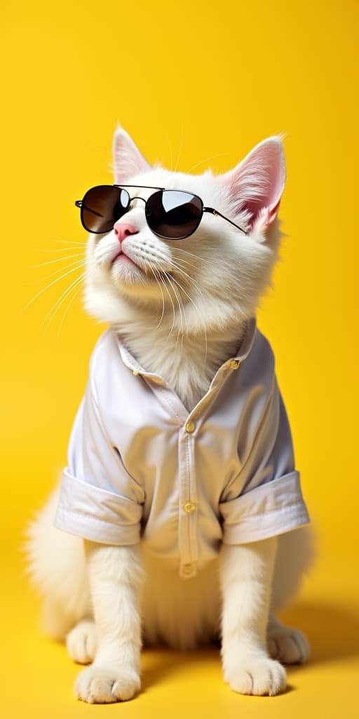  good quality, high quality, white british cat are wear sunglass and shirt in concept summer on the yellow background