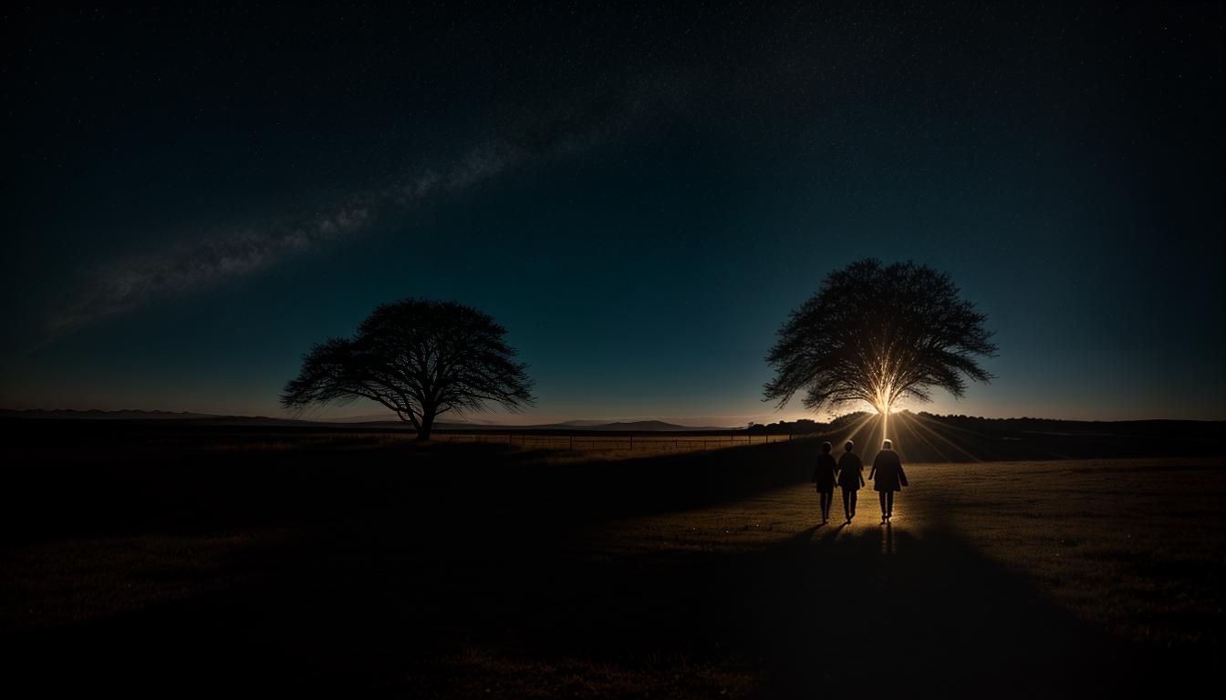  cinematic, aesthetic, A luminous beacon of light shining upon silhouettes, guiding them peacefully, bright, otherworldly glow, abstract form of empathetic energy, warm tones, guiding light, supportive atmosphere, 4k, HDR, lens flare