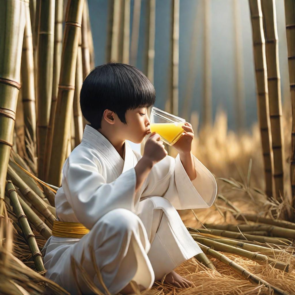  A black haired child wearing a white karate uniform drinks lemon juice among bamboo sticks. hyperrealistic, full body, detailed clothing, highly detailed, cinematic lighting, stunningly beautiful, intricate, sharp focus, f/1. 8, 85mm, (centered image composition), (professionally color graded), ((bright soft diffused light)), volumetric fog, trending on instagram, trending on tumblr, HDR 4K, 8K