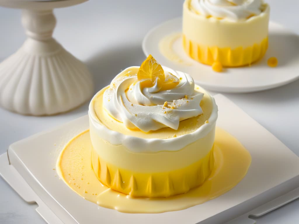  A closeup, ultradetailed image of a perfectly toasted Swiss meringue topping a zesty lemon cream in a delicate glass dessert cup. The meringue is golden brown with soft peaks, beautifully caramelized, and dusted with a hint of lemon zest for a pop of color. The creamy lemon curd underneath is smooth, velvety, and bursting with citrus flavor, showcasing a subtle swirl pattern on the surface. The glass cup sits on a sleek, modern white marble countertop, with a hint of natural light filtering in, emphasizing the elegant simplicity of this reinvented classic dessert. hyperrealistic, full body, detailed clothing, highly detailed, cinematic lighting, stunningly beautiful, intricate, sharp focus, f/1. 8, 85mm, (centered image composition), (professionally color graded), ((bright soft diffused light)), volumetric fog, trending on instagram, trending on tumblr, HDR 4K, 8K