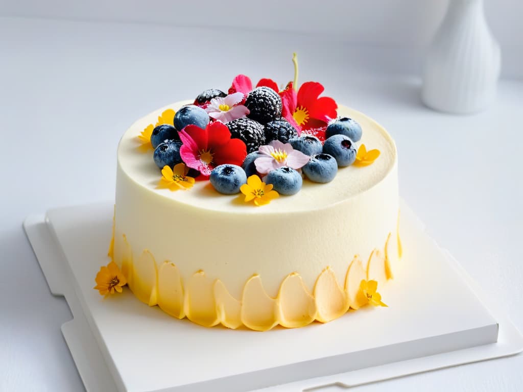  A closeup, ultradetailed image of a beautifully crafted vegan minimalist cake, featuring layers of moist sponge in soft pastel colors, topped with delicate edible flowers and fresh berries. The cake sits on a simple, elegant white ceramic plate against a clean, white background, emphasizing the purity and simplicity of the vegan dessert. hyperrealistic, full body, detailed clothing, highly detailed, cinematic lighting, stunningly beautiful, intricate, sharp focus, f/1. 8, 85mm, (centered image composition), (professionally color graded), ((bright soft diffused light)), volumetric fog, trending on instagram, trending on tumblr, HDR 4K, 8K