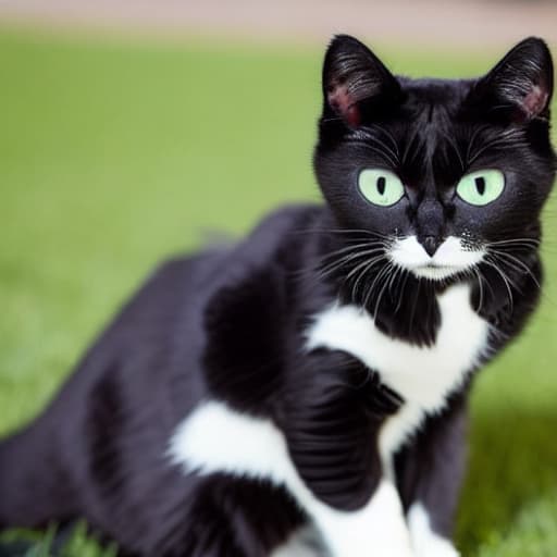  a small, frail and skinny cat. Completely black, only one of his front paws is painted white, wearing a collar with dog fangs, his eyes are a piercing blue color