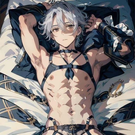  master piece , best quality,Beautiful , , lie on own back, 1, (( trembling with ual )), garter ring garter belt, , hollow eyes embarred, clossed arms, abs 0 6, tie , tie , , (( on Collarbone, on s)),silver hair, shirt, Erect s, With legs apart