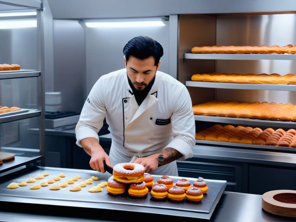  An ultradetailed image of Dominique Ansel meticulously crafting a Cronut in his innovative bakery, surrounded by a variety of unique pastry ingredients and tools. The image showcases Ansel's intense focus and creativity as he combines traditional pastry techniques with modern flair, embodying the essence of innovation in the world of baking. hyperrealistic, full body, detailed clothing, highly detailed, cinematic lighting, stunningly beautiful, intricate, sharp focus, f/1. 8, 85mm, (centered image composition), (professionally color graded), ((bright soft diffused light)), volumetric fog, trending on instagram, trending on tumblr, HDR 4K, 8K