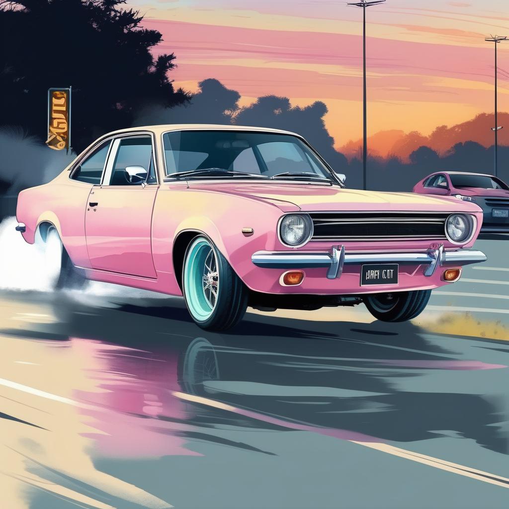  "Vector ilration, pop art, very light pastel colored, watercolor, sketch, car drifting, smoke, burn, 1 car, tuned JDM car, wide fenders, big rims, slammed, (drifting:1.2), on the road, Tokcity, parking lot, beautiful landscape, car, car, car" hyperrealistic, full body, detailed clothing, highly detailed, cinematic lighting, stunningly beautiful, intricate, sharp focus, f/1. 8, 85mm, (centered image composition), (professionally color graded), ((bright soft diffused light)), volumetric fog, trending on instagram, trending on tumblr, HDR 4K, 8K