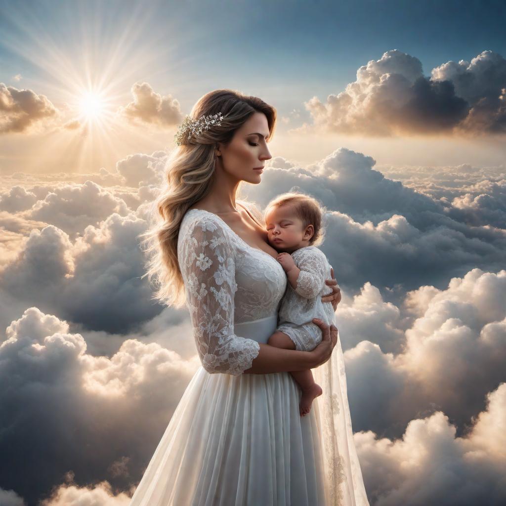  An emotional and comforting image of a mother in heaven, surrounded by clouds and a bright light, looking down with a loving and peaceful expression. hyperrealistic, full body, detailed clothing, highly detailed, cinematic lighting, stunningly beautiful, intricate, sharp focus, f/1. 8, 85mm, (centered image composition), (professionally color graded), ((bright soft diffused light)), volumetric fog, trending on instagram, trending on tumblr, HDR 4K, 8K