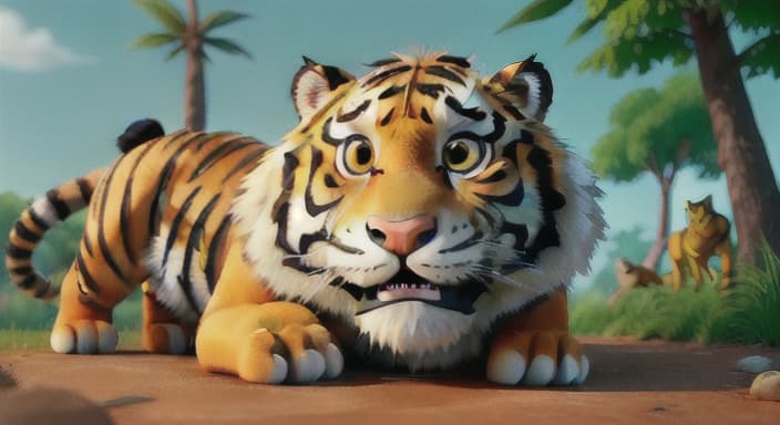  {The tiger with a frown, looking at other animals playing together., The tiger's fur is shiny and his tail is long and bushy.