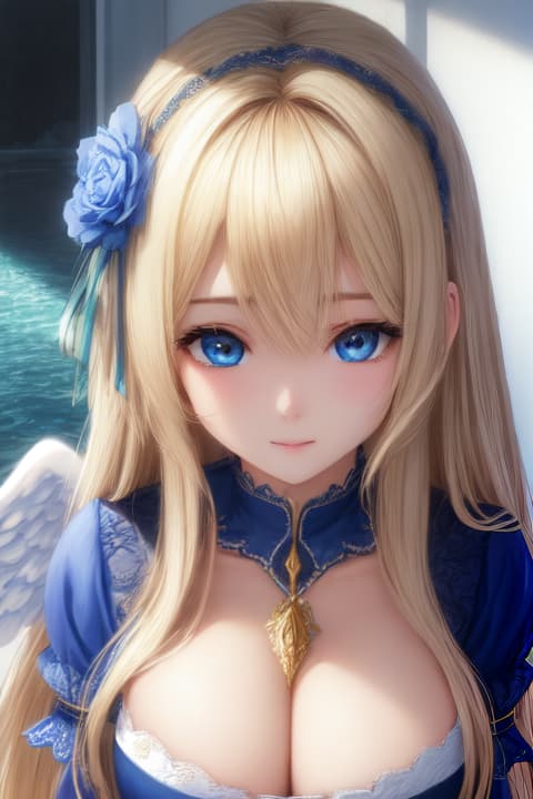  blond hair,blues eyes, , 1, , (photo realistic body shot)+, (centered in frame)+, symmetrical face, cute, highly detail eyes, highly detailed face, (both eyes are the same)+, ideal huma, f8, photography, ultra details, Global illumination, soft light, dream light, color photo, neckline,  dress, ((angel))+++, angel wings, , fantasy world, blond hair