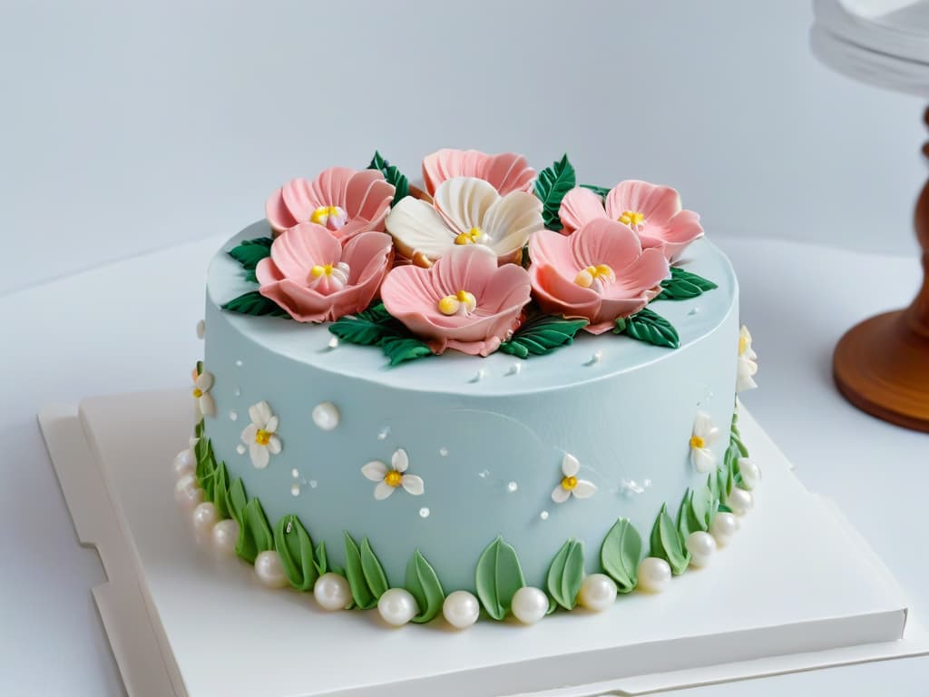  A closeup, ultradetailed image of a beautifully decorated glutenfree cake, showcasing intricate piped frosting flowers in soft pastel colors, delicate fondant decorations, and shimmering edible pearls, all set against a clean, white background. The cake is elegantly displayed on a sleek, modern cake stand, highlighting the precision and artistry of glutenfree cake decoration. hyperrealistic, full body, detailed clothing, highly detailed, cinematic lighting, stunningly beautiful, intricate, sharp focus, f/1. 8, 85mm, (centered image composition), (professionally color graded), ((bright soft diffused light)), volumetric fog, trending on instagram, trending on tumblr, HDR 4K, 8K