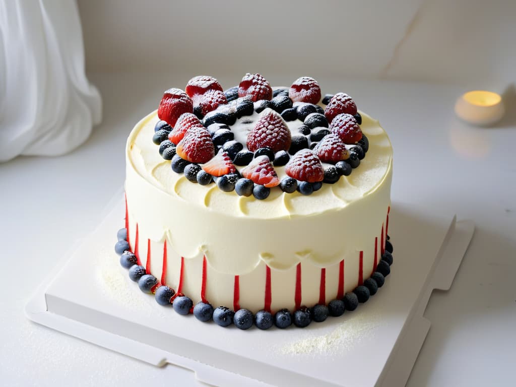  A photorealistic image of a vibrant and beautifully decorated vegan chantilly cream cake, showcasing intricate swirls of dairyfree whipped cream and an array of fresh berries on top. The cake is displayed on a sleek marble countertop, with a soft, natural light illuminating the dessert, highlighting its fluffy texture and inviting appearance. hyperrealistic, full body, detailed clothing, highly detailed, cinematic lighting, stunningly beautiful, intricate, sharp focus, f/1. 8, 85mm, (centered image composition), (professionally color graded), ((bright soft diffused light)), volumetric fog, trending on instagram, trending on tumblr, HDR 4K, 8K