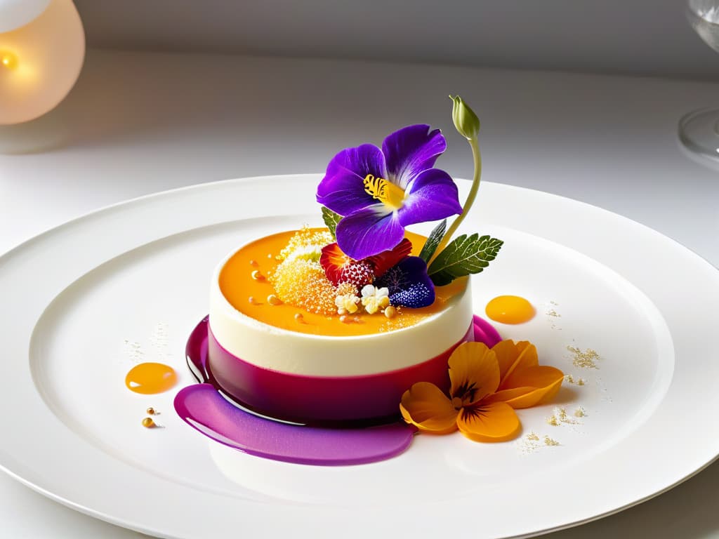  A closeup, photorealistic image of a delicate molecular gastronomy dessert suspended midair, showcasing intricate layers of vibrant colored gels, aerated foams, and edible flowers, all defying gravity on a pristine white plate. The dessert is elegantly garnished with shimmering gold leaf, reflecting ambient light to highlight its ethereal appearance. The background is softly blurred to emphasize the dessert's intricate details and futuristic presentation, evoking a sense of wonder and sophistication in molecular pastry techniques. hyperrealistic, full body, detailed clothing, highly detailed, cinematic lighting, stunningly beautiful, intricate, sharp focus, f/1. 8, 85mm, (centered image composition), (professionally color graded), ((bright soft diffused light)), volumetric fog, trending on instagram, trending on tumblr, HDR 4K, 8K