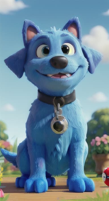  {Max carefully picking up the ball with his teeth without disturbing the flowers, The big blue dog is large with sky blue fur, big round eyes, a black nose, and floppy ears.