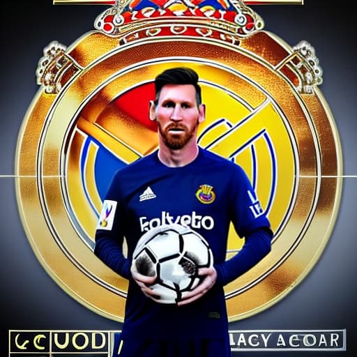 lnkdn photography Messi wearing real Madrid jersey and holding a BALLON D'OR award,a banner written on it best player of the year