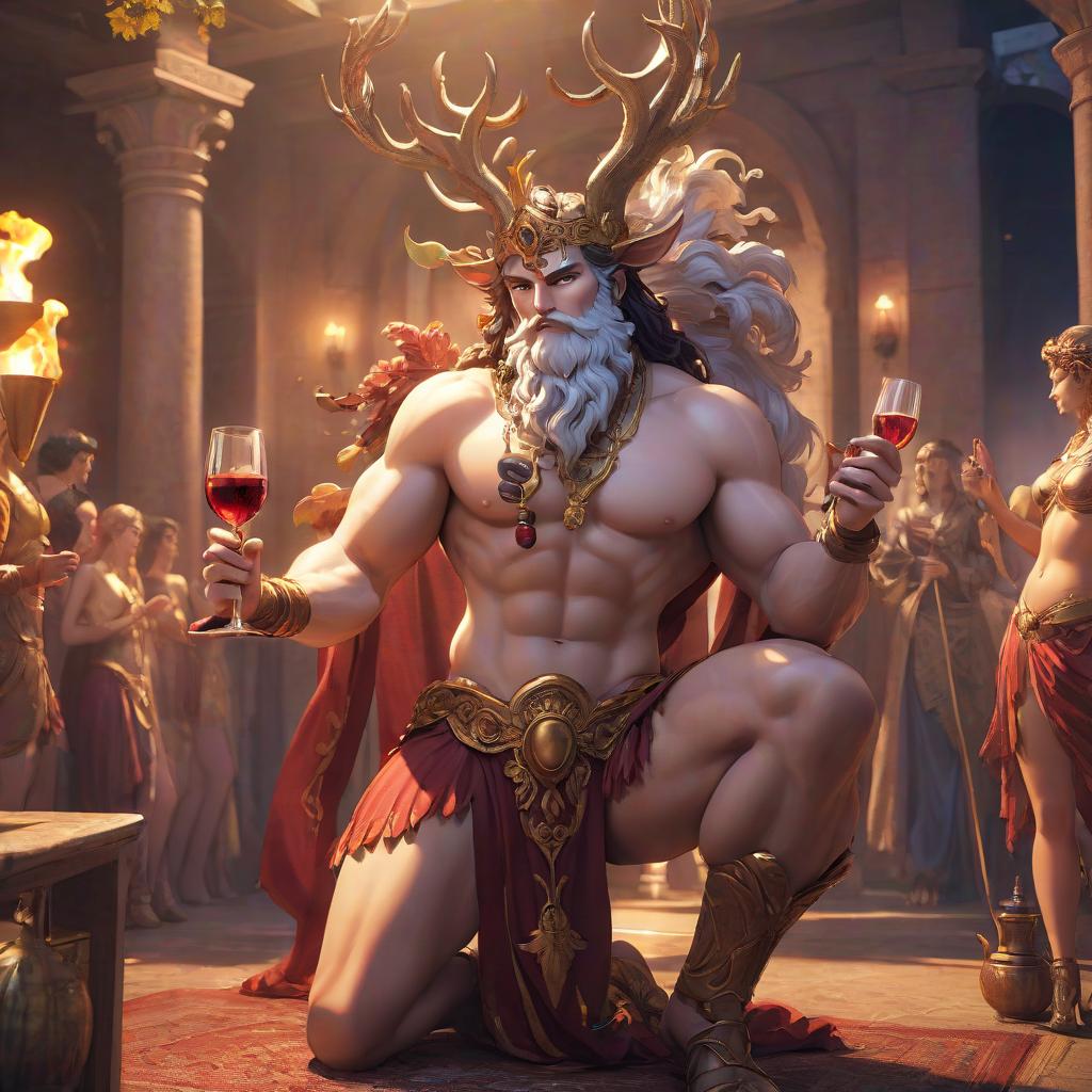  anime artwork Ancient Greek god Dionysus is a man with a wine cup, around him people are partying. . anime style, key visual, vibrant, studio anime, highly detailed hyperrealistic, full body, detailed clothing, highly detailed, cinematic lighting, stunningly beautiful, intricate, sharp focus, f/1. 8, 85mm, (centered image composition), (professionally color graded), ((bright soft diffused light)), volumetric fog, trending on instagram, trending on tumblr, HDR 4K, 8K