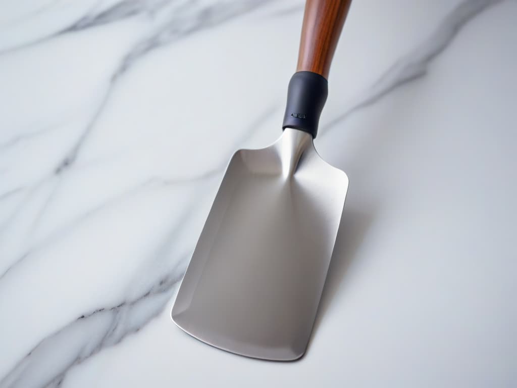  A closeup, ultradetailed image of a sleek, highend stainless steel spatula with a perfectly ergonomic handle, showcasing its exquisite craftsmanship and modern design. The spatula is elegantly placed on a pristine marble countertop, with soft natural light illuminating its flawless surface, highlighting every intricate detail and reflecting a sense of luxury and sophistication. hyperrealistic, full body, detailed clothing, highly detailed, cinematic lighting, stunningly beautiful, intricate, sharp focus, f/1. 8, 85mm, (centered image composition), (professionally color graded), ((bright soft diffused light)), volumetric fog, trending on instagram, trending on tumblr, HDR 4K, 8K