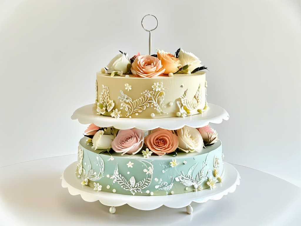  A closeup, ultradetailed image of a beautifully decorated vintage cake stand, showcasing intricate lacelike patterns and delicate floral accents in soft pastel colors, set against a clean, white background to emphasize the elegance and timelessness of classic pastry artistry. hyperrealistic, full body, detailed clothing, highly detailed, cinematic lighting, stunningly beautiful, intricate, sharp focus, f/1. 8, 85mm, (centered image composition), (professionally color graded), ((bright soft diffused light)), volumetric fog, trending on instagram, trending on tumblr, HDR 4K, 8K